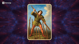 Seven of Wands tarot card showing a figure standing on higher ground, holding a wand